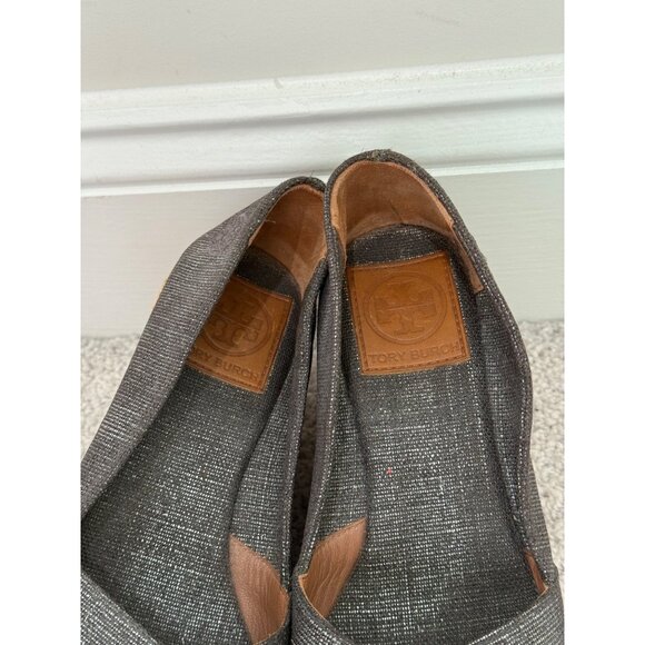 Tory Burch Shoes Size 6 Espadrille Grey Shine Metallic Shine Peep Toe Wedge Heel - Picture 5 of 15